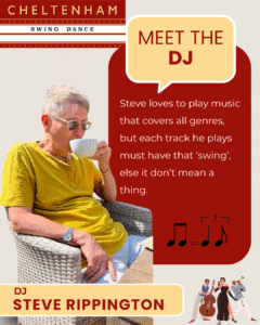 A picture of DJ Steve sitting drinking a coffee with a quote about his music, saying if it ain't got that swing, then it don't mean a thing!